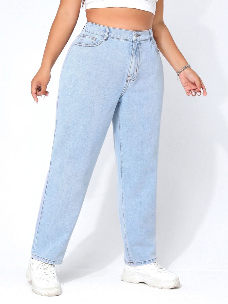 SHEIN EZwear 大碼高腰直筒牛仔褲 - 淺色水洗藍 - 查看 1