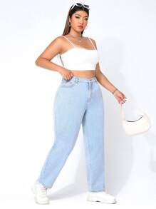 SHEIN EZwear 大碼高腰直筒牛仔褲 - 淺色水洗藍 - 查看 3
