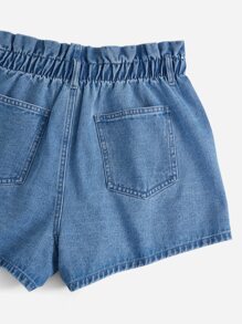 SHEIN EZwear Plus Paperbag Waist Ripped Frayed Denim Shorts - Medium Wash - View 3