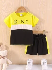 SHEIN Chàng trai trẻ Phong cách đường phố Khối màu Lá thư In Giải trí Bộ Bao gồm Áo thun Và Quần short Cho mùa hè - Nhiều màu - Xem 1