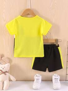 SHEIN Chàng trai trẻ Phong cách đường phố Khối màu Lá thư In Giải trí Bộ Bao gồm Áo thun Và Quần short Cho mùa hè - Nhiều màu - Xem 2