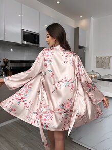 Floral Print Satin Cami Sleep Dress & Robe PJ Set - Baby Pink - View 2