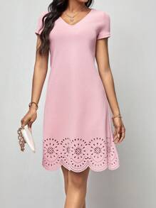 SHEIN Clasi Laser Cut Scallop Trim Dress - Baby Pink - View 5