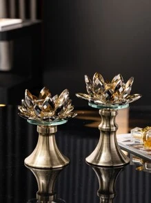 1pc Antique Bronze Artificial Crystal Lotus Candle Holder - Bronze - View 1