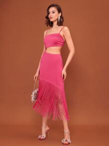 SHEIN BAE Cut Out Fringe Hem Cami Dress - Hot Pink - View 3