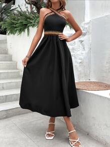 Breezaya Contrast Chevron Tape Criss Cross Cami Dress Maxi Vacation Beach Outfits Women - Black - View 6