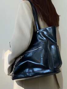 1pc Large Capacity Tote Bag, College Style Glossy PU Leather Shoulder Tote Bag With Zipper Decor, Fashion Women Handbag, Tote Bags For School, College Essentials, Street & Japanese Bag For Women