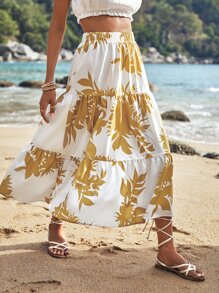 SHEIN VCAY Falda con estampado tropical bajo con fruncido - Blanco - Ver 1