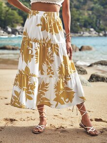 SHEIN VCAY Falda con estampado tropical bajo con fruncido - Blanco - Ver 5