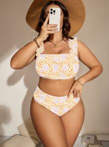 SHEIN Swim Curve Plus Size Họa tiết hoa có viền trang trí Bikini Set Bãi biển mùa hè - Màu vàng - Xem 1