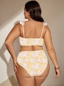 SHEIN Swim Curve Plus Size Họa tiết hoa có viền trang trí Bikini Set Bãi biển mùa hè - Màu vàng - Xem 2