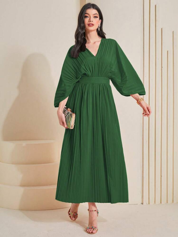 Batwing Sleeve Pleated Hem Dress Kaftan Jalabiya Dress
