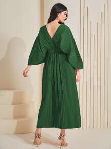 Al Najma Batwing Sleeve Pleated Hem Dress Kaftan Jalabiya Dress - Dark Green - View 2