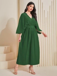 Al Najma Batwing Sleeve Pleated Hem Dress Kaftan Jalabiya Dress - Dark Green - View 3
