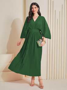 Al Najma Batwing Sleeve Pleated Hem Dress Kaftan Jalabiya Dress - Dark Green - View 4