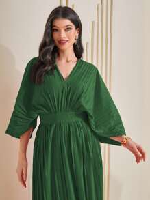 Al Najma Batwing Sleeve Pleated Hem Dress Kaftan Jalabiya Dress - Dark Green - View 5