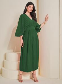 Al Najma Batwing Sleeve Pleated Hem Dress Kaftan Jalabiya Dress - Dark Green - View 6