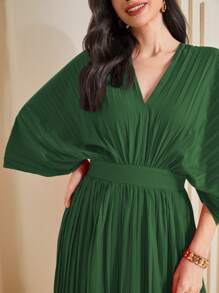 Al Najma Batwing Sleeve Pleated Hem Dress Kaftan Jalabiya Dress - Dark Green - View 7