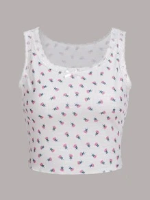 ROMWE 小碎花蕾絲拼接背心上衣 - 白色 - 查看 1