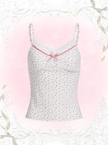 小碎花蕾絲拼接吊帶上衣 - 白色 - 查看 1