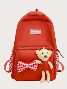 女孩格子細節功能背包卡通小熊和字母貼飾 - 西瓜粉 - 查看 1