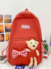 女孩格子細節功能背包卡通小熊和字母貼飾 - 西瓜粉 - 查看 2