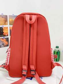 女孩格子細節功能背包卡通小熊和字母貼飾 - 西瓜粉 - 查看 4