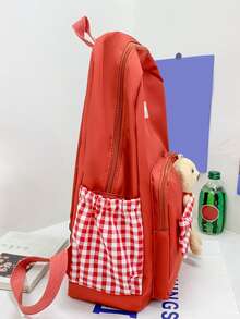 女孩格子細節功能背包卡通小熊和字母貼飾 - 西瓜粉 - 查看 6