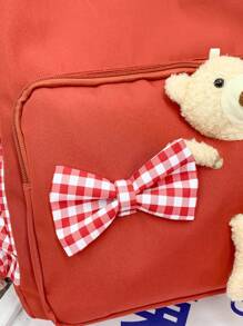 女孩格子細節功能背包卡通小熊和字母貼飾 - 西瓜粉 - 查看 7