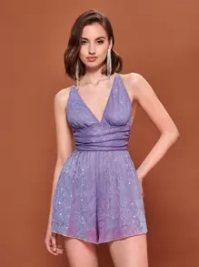 SHEIN BAE Mono de tirantes de espalda abierta con tira cruzada de cintura con fruncido - Lila Púrpura - Ver 1
