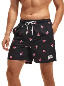 Manfinity KASUA Men Watermelon Print Drawstring Waist Swim Trunks Graphic Pool Shorts For Beach, Vacation,Hawaiian