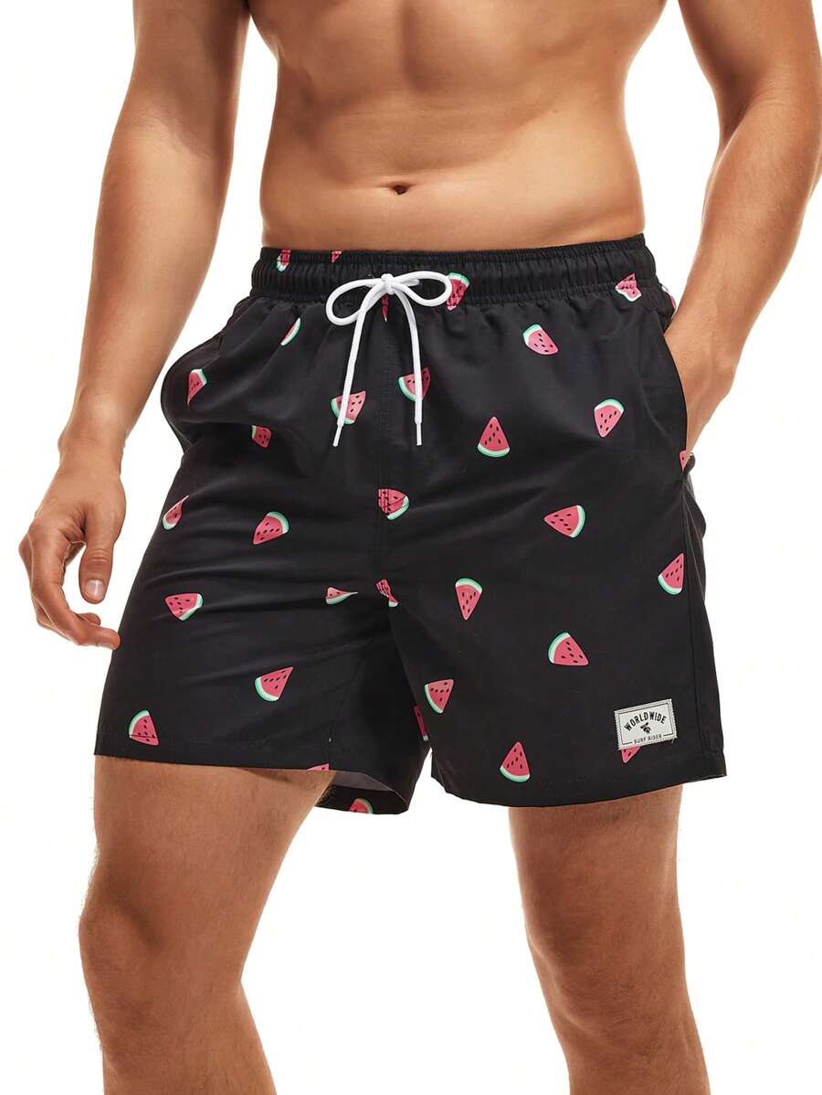 Manfinity KASUA Men Watermelon Print Drawstring Waist Swim Trunks Graphic Pool Shorts For Beach, Vacation,Hawaiian
