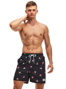 Manfinity KASUA Men Watermelon Print Drawstring Waist Swim Trunks Graphic Pool Shorts For Beach, Vacation,Hawaiian