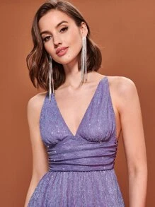 SHEIN BAE Mono de tirantes de espalda abierta con tira cruzada de cintura con fruncido - Lila Púrpura - Ver 6