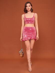 SHEIN BAE Sequin Cami Top & Ruffle Hem Skirt - Hot Pink - View 3