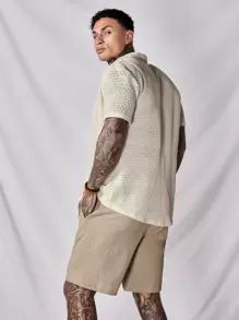 Manfinity VCAY Camicia in cotone tinta unita uomo e pantaloncini con vita con coulisse e canottiera, stile boho, vacanza, tinta unita