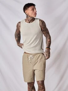 Manfinity VCAY Camicia in cotone tinta unita uomo e pantaloncini con vita con coulisse e canottiera, stile boho, vacanza, tinta unita