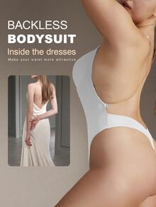 1pc Women Tummy Control Sexy Backless Thong Bodysuit - White - View 2