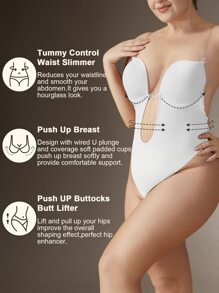 1pc Women Tummy Control Sexy Backless Thong Bodysuit - White - View 4