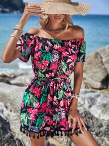 SHEIN VCAY Tropical Print Off Shoulder Tassel Trim Belted Romper - Multicolor - View 1