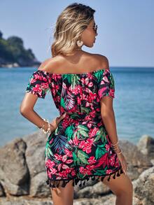 SHEIN VCAY Tropical Print Off Shoulder Tassel Trim Belted Romper - Multicolor - View 2