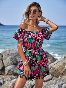 SHEIN VCAY Tropical Print Off Shoulder Tassel Trim Belted Romper - Multicolor - View 3