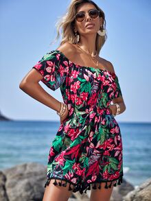 SHEIN VCAY Tropical Print Off Shoulder Tassel Trim Belted Romper - Multicolor - View 5