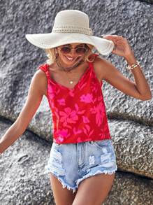 SHEIN VCAY Áo khoác và áo lót dành cho xe tăng nữ Thắt nút Hoa Tất cả trên in Boho - Đỏ - Xem 4