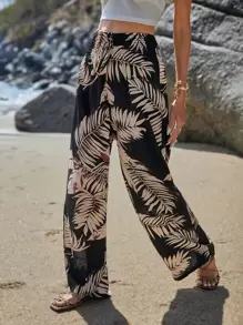 SHEIN VCAY Tropical Print Wide Leg Tie Front Trousers - Multicolor - View 1