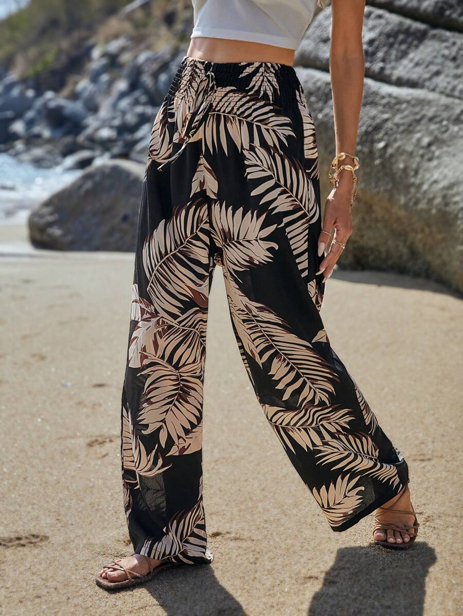 SHEIN VCAY Tropical Print Wide Leg Tie Front Trousers - Multicolor - View 1