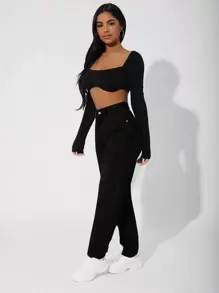 SHEIN Tall Women's Casual Versatile Solid Color High-Waisted Jeans - Black - View 3