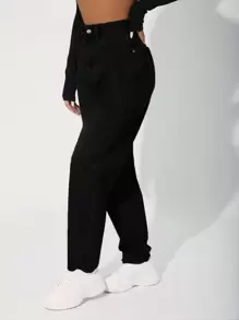 SHEIN Tall Women's Casual Versatile Solid Color High-Waisted Jeans - Black - View 4