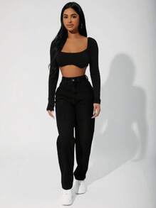 SHEIN Tall Women's Casual Versatile Solid Color High-Waisted Jeans - Black - View 5