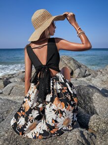 SHEIN VCAY Floral Print Contrast Fishnet Insert Tie Backless Dress - Black - View 2
